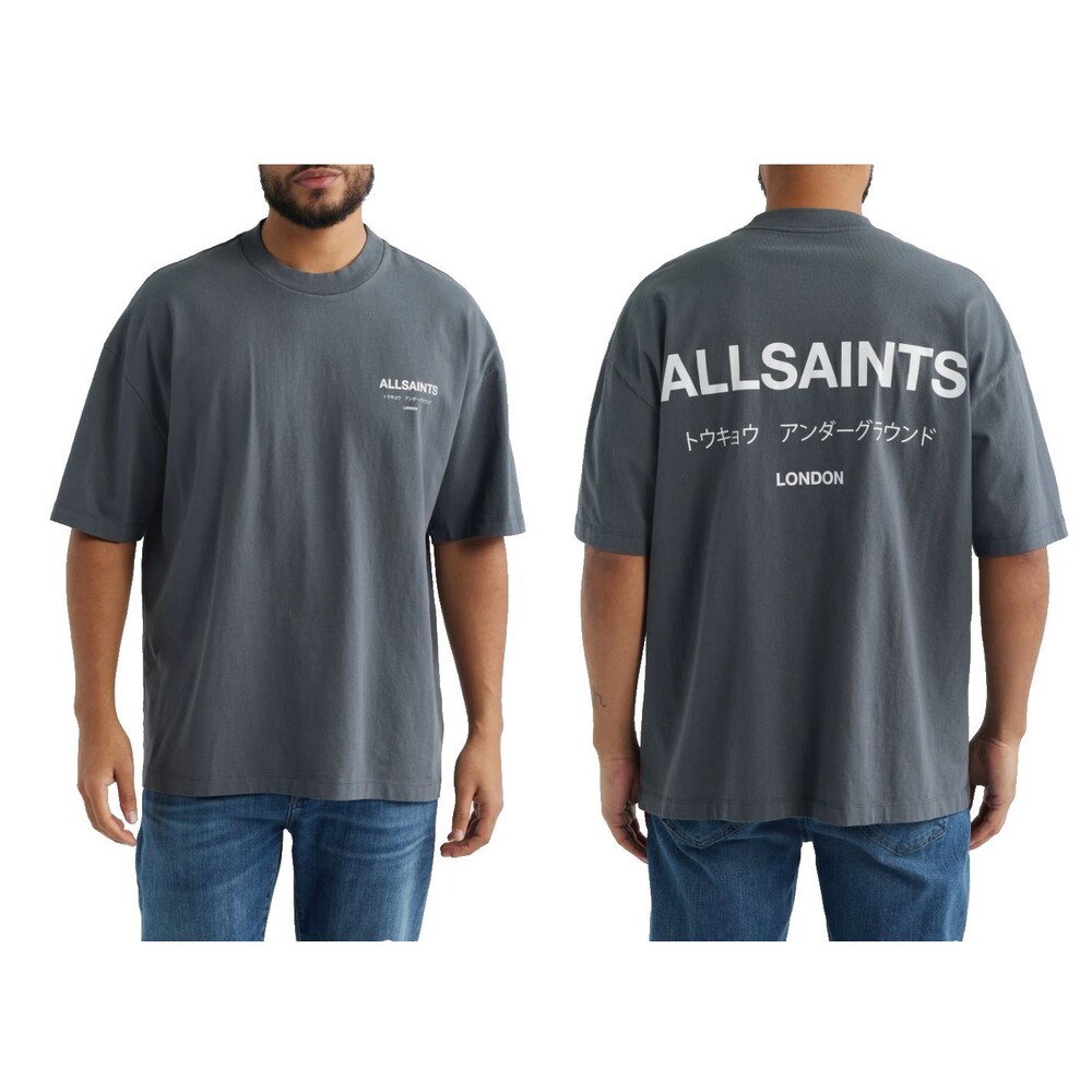 AllSaints Underground SS Crew T-Shirt Men's Medium Gray Oversized London Logo